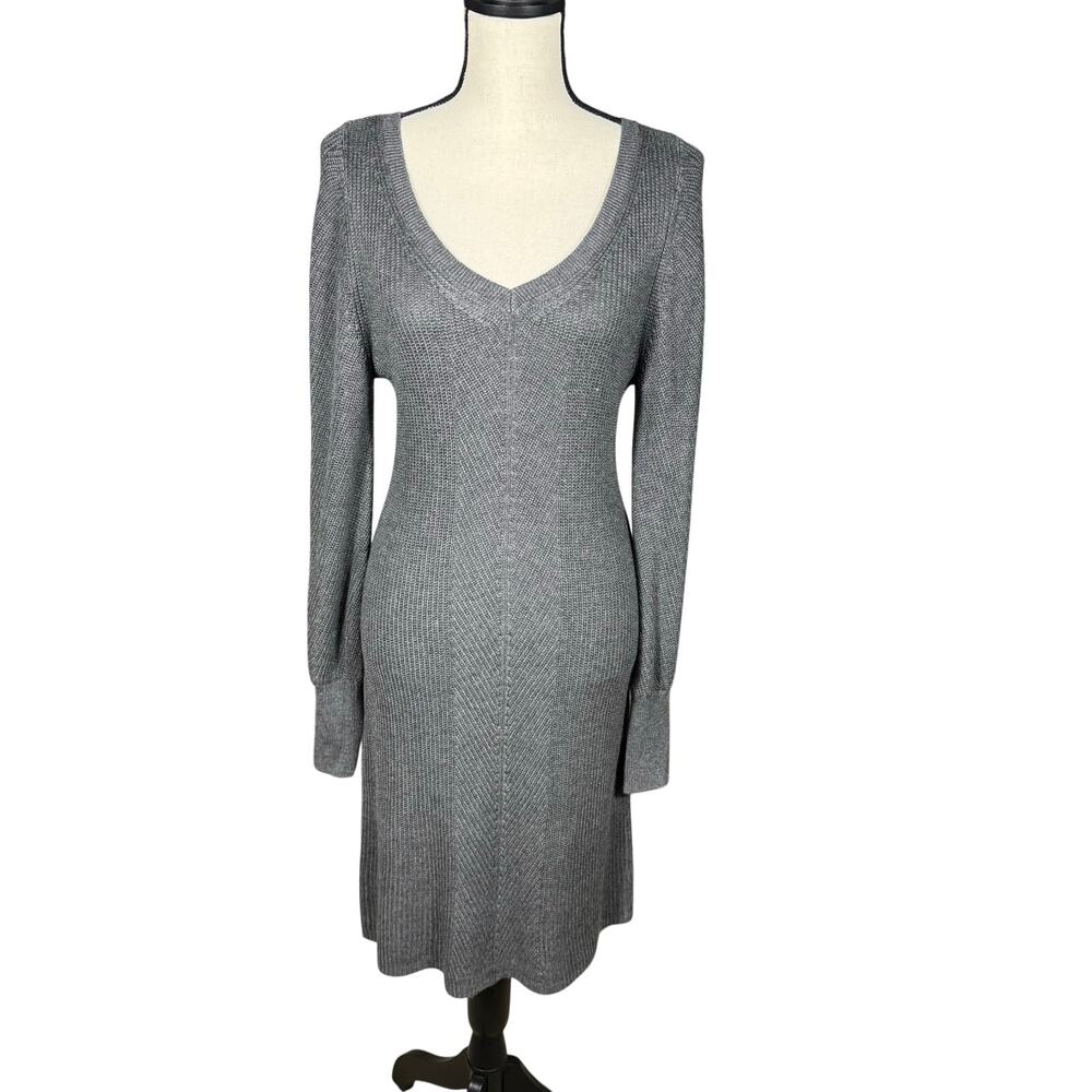 White House Black Market Sweater Dress Gray Long Sleeve Knit Womens Small V-Neck